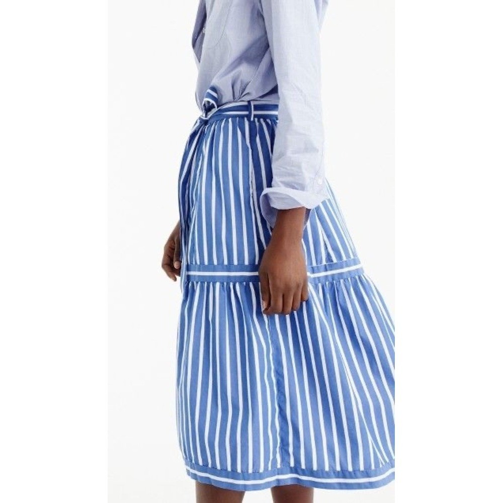 J. Crew Striped Midi Skirt Blue White Button Size 8 Preppy Coastal Brunch Summer - Picture 13 of 14